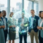 Un groupe de professionnels diversifiés entoure une représentation holographique lumineuse de la Terre avec des feuilles.