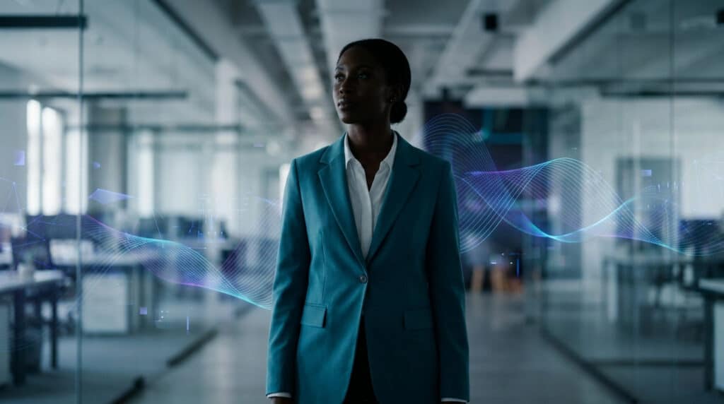 Une femme d'affaires noire dans un bureau moderne entourée d'effets visuels de données numériques ondulantes.