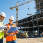 Un formateur et un apprenti en gilet de sécurité étudient un plan sur un chantier de construction en plein air.